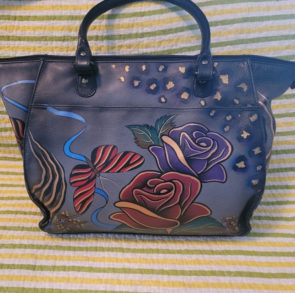 BEAUTIFUL NEW LEATHER BLACK FLORAL ANUSCHKA HANDBAG- 12 X 10 X 5.5